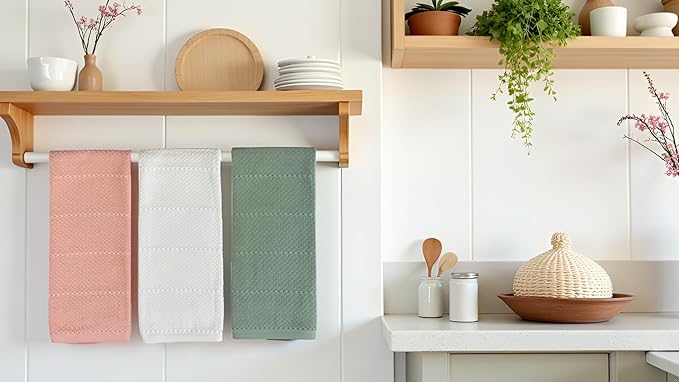 Sage White Light Pink Kitchen Hand Dish Towels: Oversized 28" x 18",100% Cotton Cloth Soft Cleaning Drying Absorbent Textured Design, Set of 3 Multipurpose for Everyday Use - Natural Collection