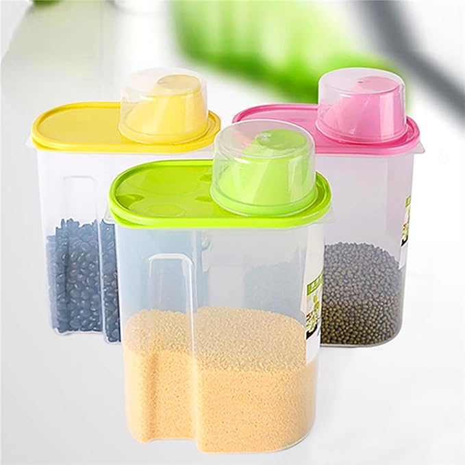 Basicwise Set of 3 Large 2.5-Liter and 3 Small 1.9-Liter Airtight Food Storage Containers Easy-Pour Spouts & Measuring Cup Lids for Flour Sugar Cereal Snacks & Pantry Staples in Green Pink & Yellow