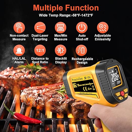 Rechargeable IR Thermometer Gun, -58°F~1472°F Non-Contact Laser Thermometer Gun, High Accuracy Digital Infrared Temperature Gun for Cooking, Griddle, Oven, Meat Food, HVAC, Automotive, Industrial Use