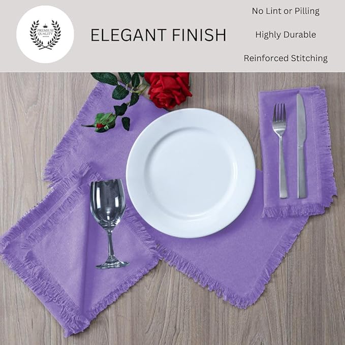 Cloth Dinner Napkins with Fringes 20x20 Inch 100% Cotton Set of 6 - for Dining Special Occasions Wedding Holidays Easter - Soft Durable Washable - Elegant Table Cloth Napkins Lavender/Purple