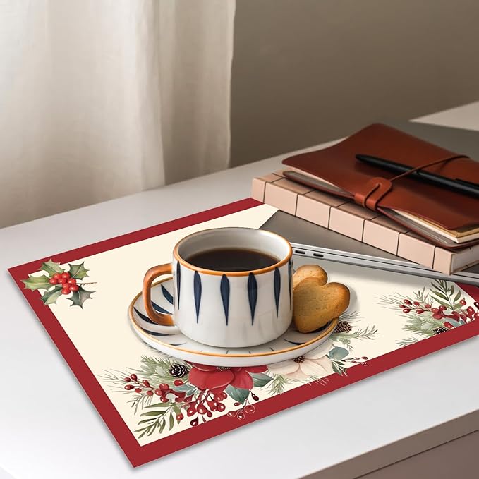Set of 4 Red and White Placemats, 12 x 18 Inch Christmas Rectangle Table Mats, Linen Fabric Placemat for Holiday Indoor & Outdoor Party Dining Table Kitchen Decor -07