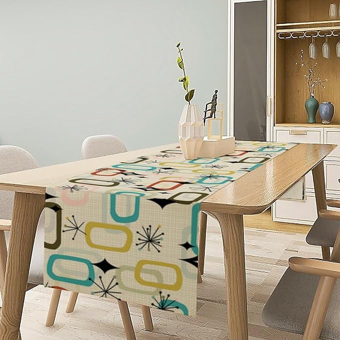 Mid Century Table RunnerRetro Atomic Starbursts Boho Abstract Geometric Art Printed Dinner Runner for Home Kitchen Dining Table Decor Fabric 1 Panel W13xL90in