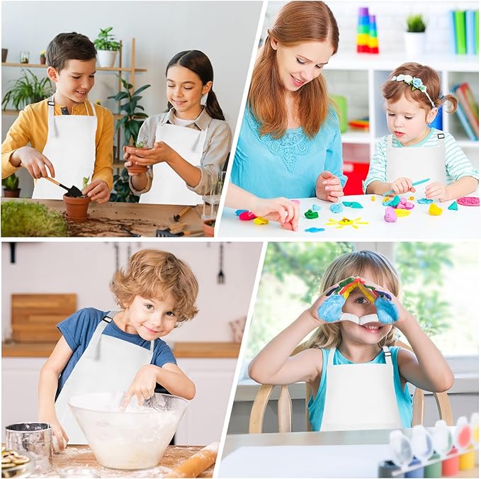 Morcheiong 8/12/24 Pack Adjustable Kids Apron Bulk with 2 Pockets Toddler Apron Kids Painting Aprons for Baking Painting