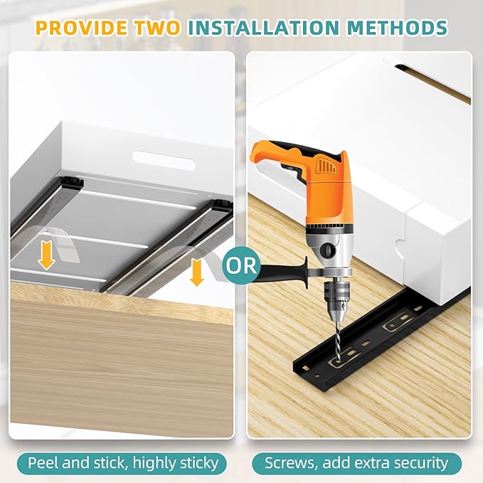 HBL' 2 Pack | 21" Deep Pull Out Cabinet Organizer Adhesive, (13.8" to 22.0") Width Expandable Sturdy Carbon Steel Roll-Out Drawers, Designed for Frameless Cabinets, Slide-Out Shelves for Pantry.