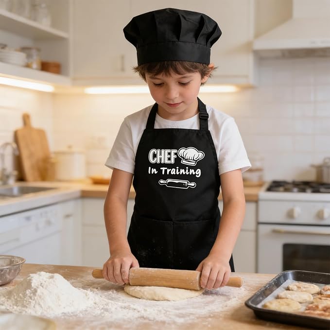 Kids Apron and Chef Hat Set Adjustable Child Aprons with 2 Large Pockets for Girls Boys Cooking Baking Painting Gift