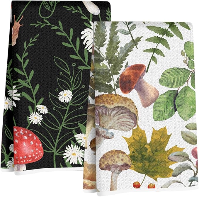 2Pcs Mushroom Kitchen Towels, Cute Botanic Floral Tea Towel Decorative Reusable Dish Hand Towels Mushroom Gifts for Cleaning Drying Women Mom Housewarming Gifts 14 x 24 Inch Kitchen Home Decor