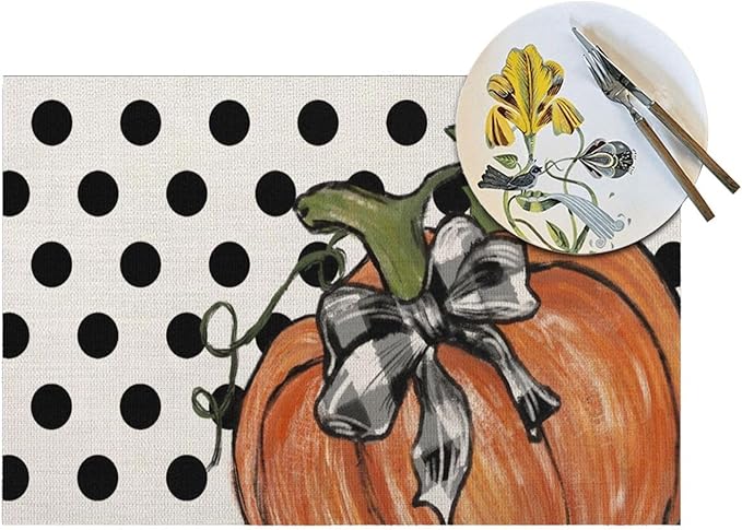 Fall Placemats Set of 4, 12x18 Inches Polka Dot Orange Pumpkin Decorative Linen Rectangle Autumn Thanksgiving Decor Pumpkin Table Mats for Party Home Kitchen Dining Table Decoration