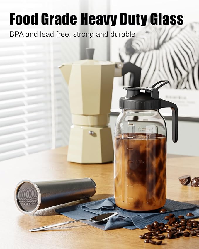2-Pack Cold Brew Coffee Maker - 64oz Mason Jar Pitcher with Stainless Steel Filter, Spout Lid for Iced Coffee, Tea, Lemonade & Fruit Drinks