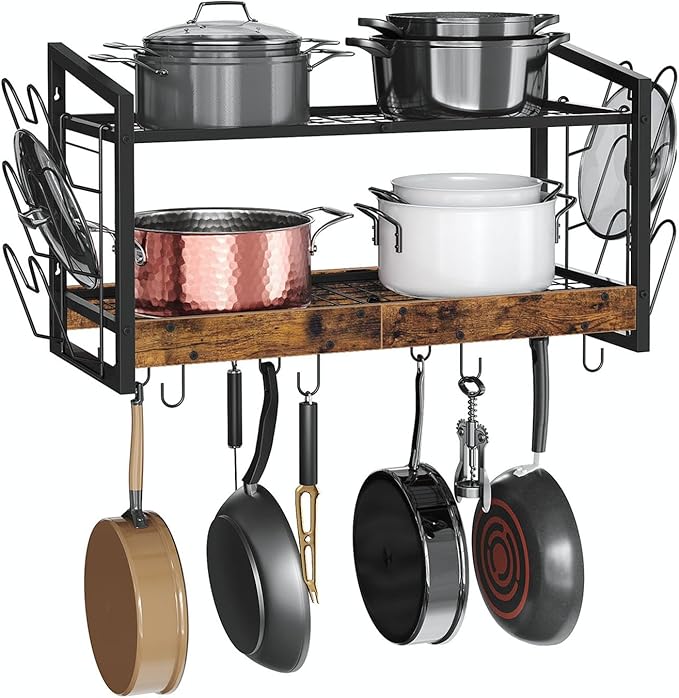CHOEZON Hanging Pot Rack, Pot Rack Wall Mounted, 2-Tier Kitchen Pot and Lid Organizer, Wall-Mounted Pot Rack with 12 Hooks, for Kitchen Storage of Pots, Pans, Utensils, Rustic Brown TPR02BF