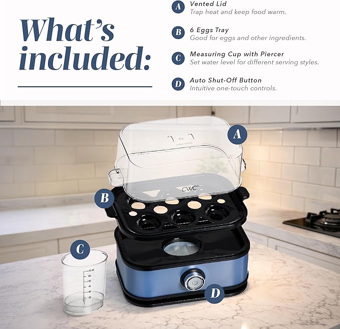 COOK WITH COLOR 6-Egg Capacity Egg Cooker – For Soft, Medium, Or Hard-Boiled Eggs, Rapid Cook Time, Auto Shut-Off & Boil-Dry Protection – Includes Tray, Measuring Cup & Lid – 210W Egg Maker, Navy