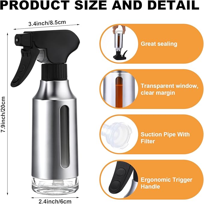 6 Pcs Stainless Steel Oil Sprayer Bottle Bulk for Cooking 180ml Olive Oil Mister Spray Bottle for Air Fryer Black Glass Sprayer Dispenser Fat Reduction for BBQ Salad Vinegar Frying Kitchen