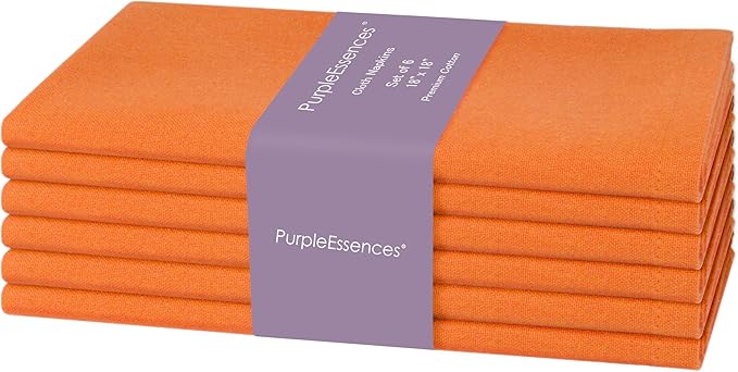 PurpleEssences Set of 6 Cloth Dinner Napkins 100% Cotton 18x18 Inch - Soft Durable Washable - Ideal for Farmhouse Party Spring Easter Summer - Perfect Everyday Use Table Linen - Orange