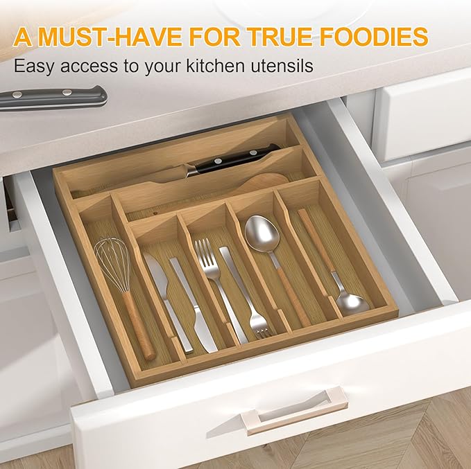 Bamboo Silverware Organizer Drawer Tray, 7-Compartment Utensil Drawer Organizer for Kitchen & Office, Flatware Holder for Forks, Spoons, Cutlery