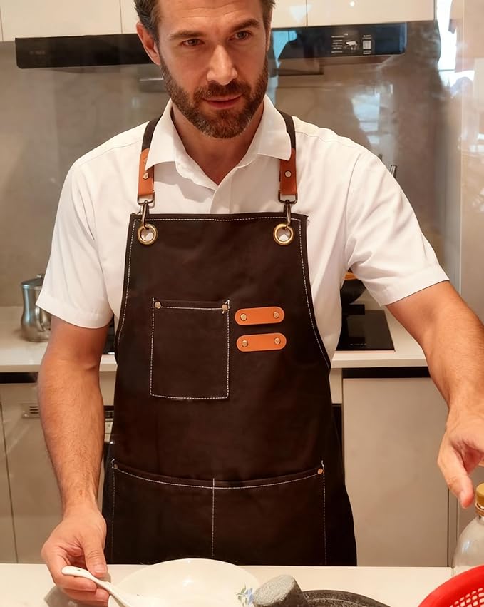 Chef Apron with Large Pockets for Women Men, Cotton Canvas Cross Back Water Repellent Adjustable Work Apron