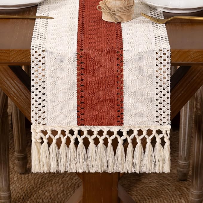 DeZerlor Boho Macrame Table Runner Terracotta Farmhouse Woven Small Table Runner with Tassels 48 Inches Ivory& Rust Cotton Linen Kitchen Table Decor for Dining Dresser Home Tea Table Decor