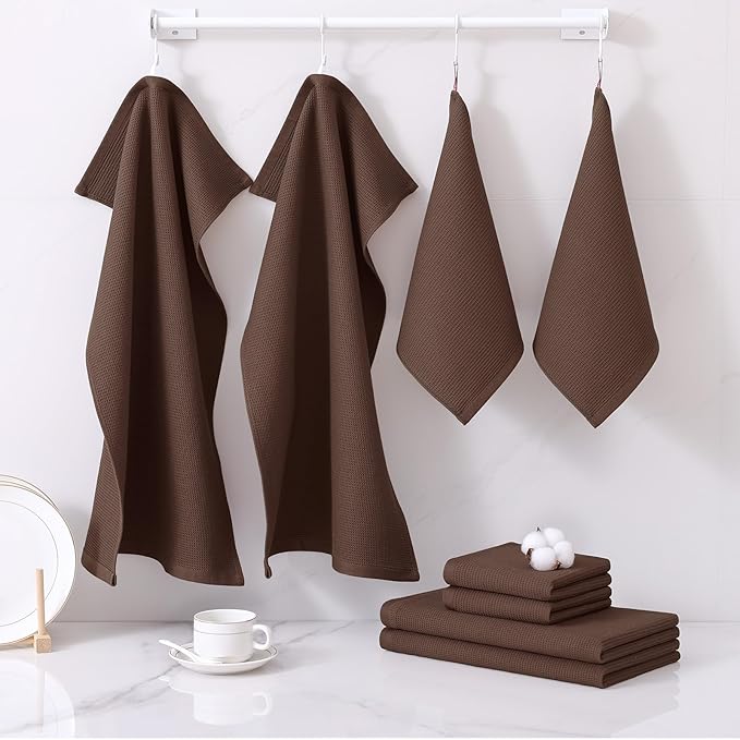 Homaxy 100% Cotton Kitchen Towels and Dishcloths Set - 8 Pack Waffle Weave Soft and Absorbent Dish Towels - 26 X 16 Inch and 12 X 12 Inch - Coffee