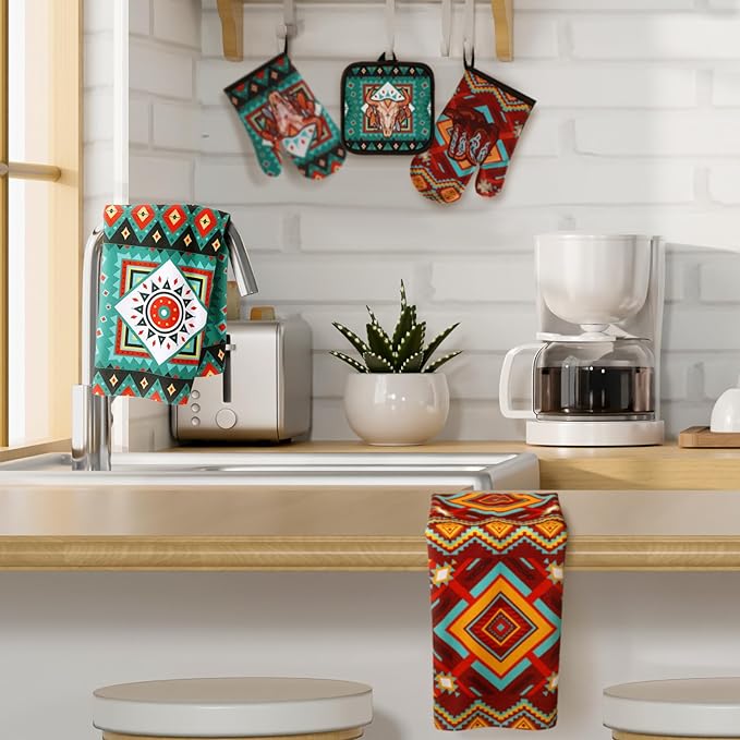 Jingmore 6 Pcs Kitchen Decor Set Accessorie Farmhouse Kitchen Towels Pot Holders Oven Mitts Set 2 Dish Towels 2 Pot Holders 2 Cooking Mittens Oven Glove for Cooking(Retro Color,Western Boho Aztec)