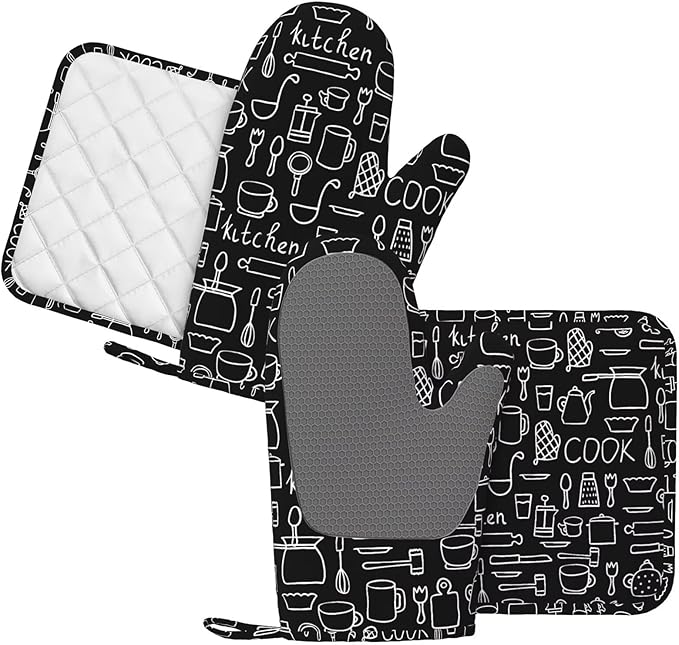 Kitchen Everyday Oven Mitts and Pot Holders 4 pcs Set Silicone Black Kitchen Oven Mitt Gloves Pot Holders Non-Slip Heat Resistant Cooking Mitts Set for Kitchen Baking Grilling BBQ