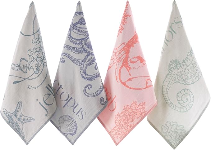Nautical Kitchen Towels with Ocean-Themed Designs – 100% Turkish Cotton Jacquard Tea Towels with Octopus, Crab, Seahorse & Jellyfish Designs – Soft, Absorbent & Decorative Dishcloths (Sea Life)