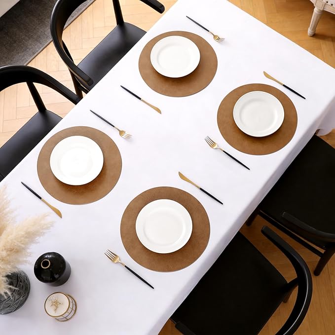 MOSAYT 13 Inch Round Vinyl Placemats Set of 8 - Faux Leather 100% Waterproof Oil-Proof Wipeable PU Place Mats, Heat Resistant Reversible Table Mats for Kitchen, Dining, Outdoor (Reddish Brown)