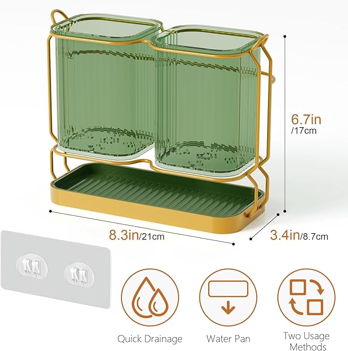 Kitchen Utensil Holder Wall Mount, 6.7" Silverware Holder for Kitchen Countertop, Toothbrush Holders Utensil Drying Holder with Drain Tray for Silverware,Spatula (Green)