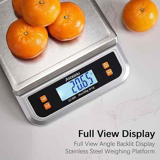 ATOGOU 66lb Food Scale, Commercial Kitchen Scale Plug-in Usable with Full View LCD Display, Stainless Steel, for Baking, Bread, Cooking, Meat, Vegetables, Farm, Industry LC200 Silver