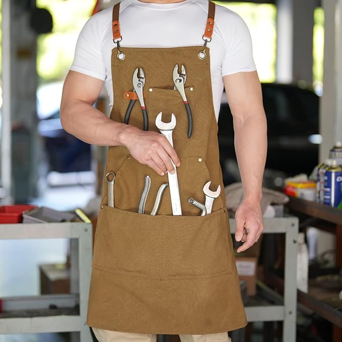 Aoomzoon Canvas Aprons for Men Chef Apron, Work Apron with Large Pockets - 16oz Heavy Duty Cross Back, BBQ, Cooking