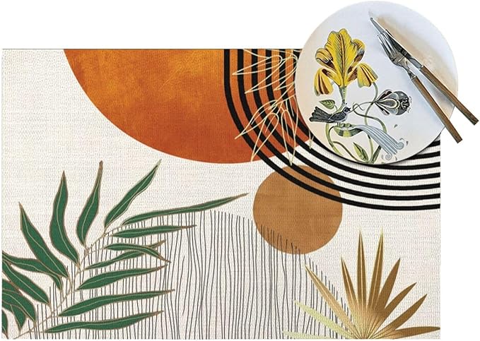 Mid Century Placemats Set of 4,12x18 Inches Boho Orange Green Tropical Leaf Decorative Placemats Modern Rectangle Table Mats for Party Home Kitchen Dining Table Decoration