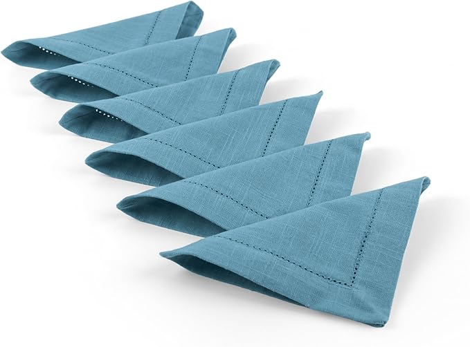 FINGERCRAFT Cocktail Napkins 6 x 6 Inch Premium Quality Cotton, Generous Hemstitch and Mitered Corner Set of 12 Coaster Cloth Aqua Blue