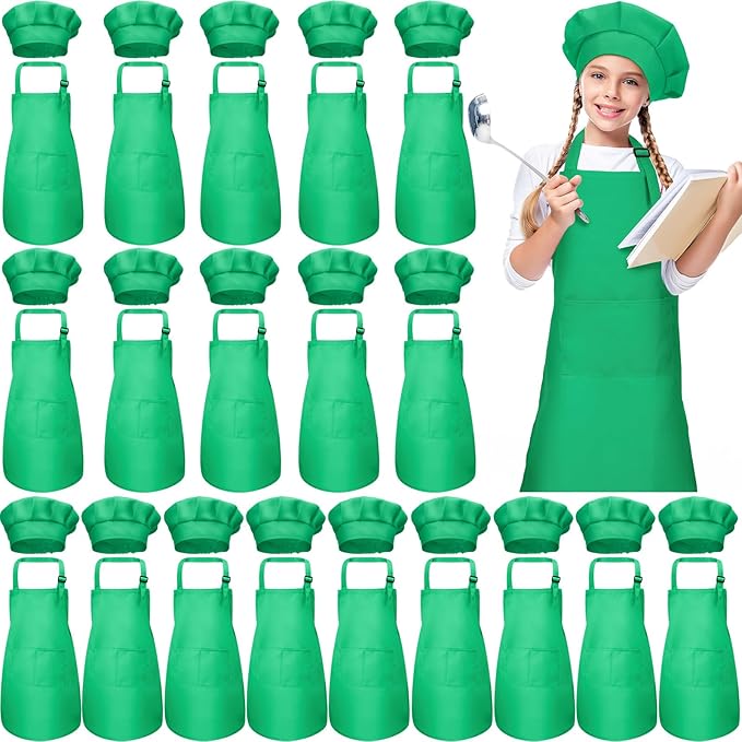 Handepo 40 Pcs Apron Chef Hat Set Aprons Chef 's Bib Apron Hats Bulk for Cooking Painting 7-13 Years