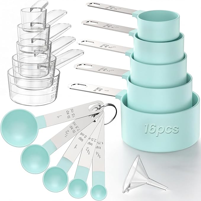 16PCS Measuring Cups and Spoons Set, Measuring Spoon Set with Metric and US Measurements, Fits for Measuring Dry and Liquid (Green)
