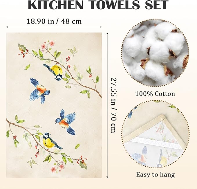 Bird Branch Tea Towels 100% Cotton Quick Dry Retro Kitchen Towels, 18.9 x 27.5'' Absorbent Dish Cloth for Kitchen Home Decor, Housewarming, Birthday Gifts for Mom, Set of 4