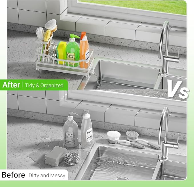 Sponge Holder for Kitchen Sink, Rustproof Sink Caddy Organizer with Dish Brush Holder, Self-Draining Kitchen Sink Organizer Countertop for Soap Dispenser, Scrubber and Sink Storage Essentials, White