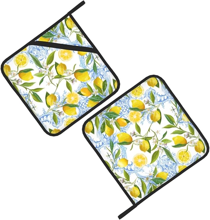 Lemon Pot Holders 2 PCS for Kitchen, Flower Heat Resistant Hot Pads for Cooking Grilling Baking BBQ Tropical Fruits Leaves Pot Holders Cook Essentials Accessories Home Microwave