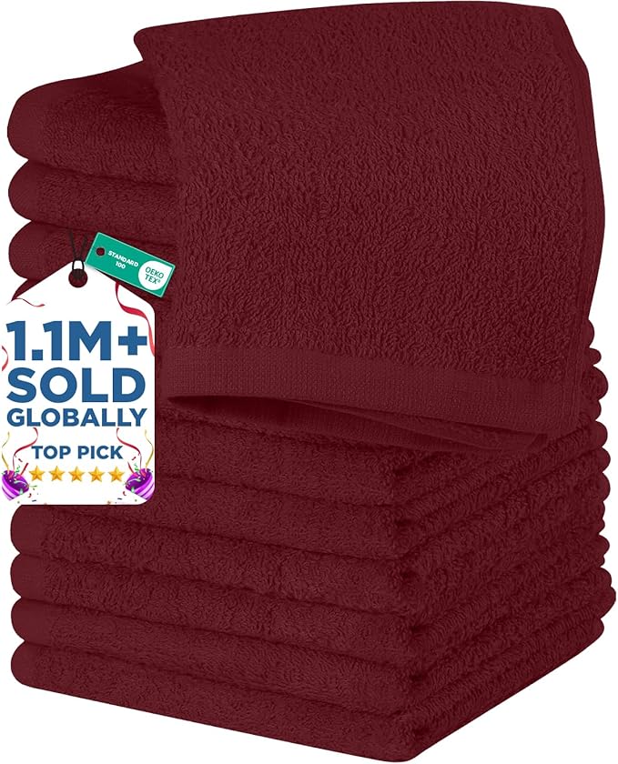 DAN RIVER 12 Pack Wash Cloths for Showering [12x12] - 100% Cotton Washcloths Premium Quality Flannel Face Cloths for Bathroom, Highly Absorbent and Soft Feel Wash Clothes, Pomegranate