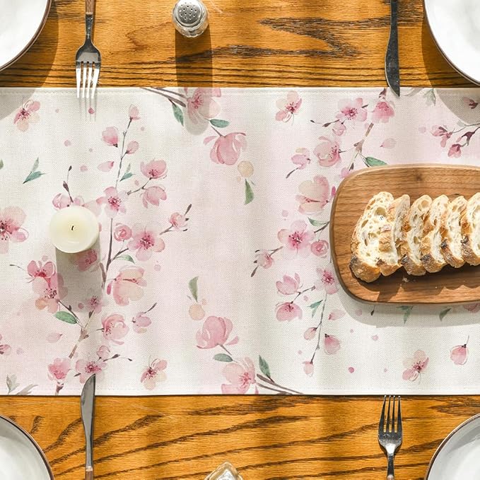 Artoid Mode Floral Cherry Blossoms Branches Summer Table Runner, Seasonal Spring Kitchen Dining Table Decoration for Home Party Decor 13x48 Inch