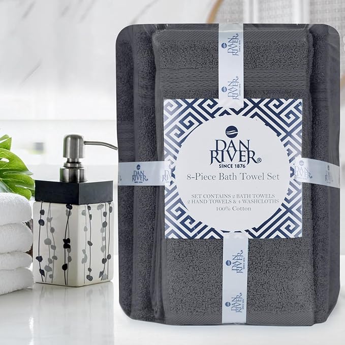 DAN RIVER 8 PC Luxury Bath Towels for Bathroom, 2 Bath, 2 Hand, and 4 Wash Cloths, 600 GSM 100% Ring Spun Cotton Towel Set, Highly Absorbent, Gym, Hotel, and Spa, Dark Gray