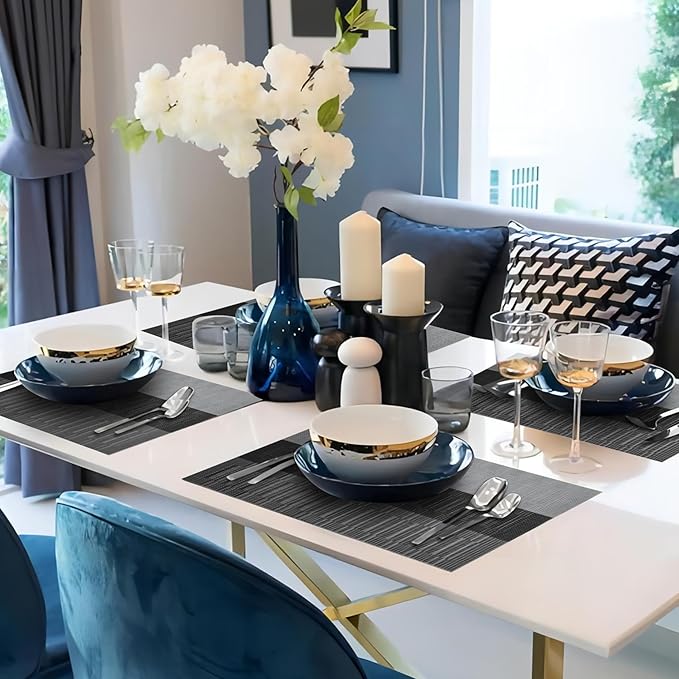 HeloHo Black Placemats Set of 6 Washable Place Mats Vinyl Woven Table Mats Wipeable Placemat for Kitchen Dining Table Decoration Indoor Outdoor
