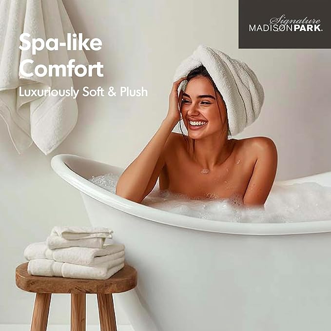 Madison Park 800GSM 100% Cotton Luxury Bathroom Towels ,Long Oversized Linen Cotton Bath Towel Set , 8-Piece Include 2 Bath Towels, 2 Hand Towels & 4 Wash Towels, Cream