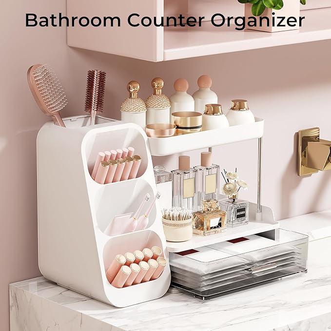 Makeup Organizer for Vanity with Brush Holder, 2 Tiers Countertop Skincare, Cologne Organizer and Perfume Stand for Men Bathroom Vanity, Large Capacity Makeup Storage, Black