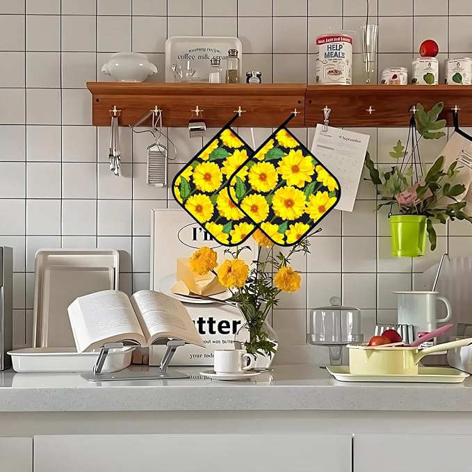 Pot Holders for Kitchen Heat Resistant Pot Holders,Watercolor Blooming Sunflowers Set of 2 Oven Hot Pads for Cooking Baking BBQ Gifts for Women Men
