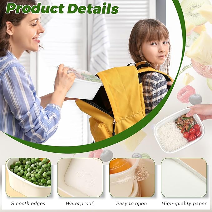 DI QIU REN 50-Pack 35oz Disposable Meal Prep Containers with Lids & Forks, Kraft Paper Bowls To Go Take Out Food Containers with Lids, Microwave & Freezer Safe (White Kraft Paper, 35oz 50 Count)
