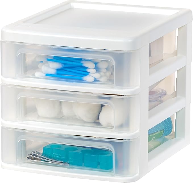 IRIS USA Small 3-Drawer Desktop Organizer, 4 Pack, Stackable, for Office, School, Stationery, Makeup Organizer, Bathroom, Utility, Medical Supplies, Desk Organizer, Versatile Storage, White