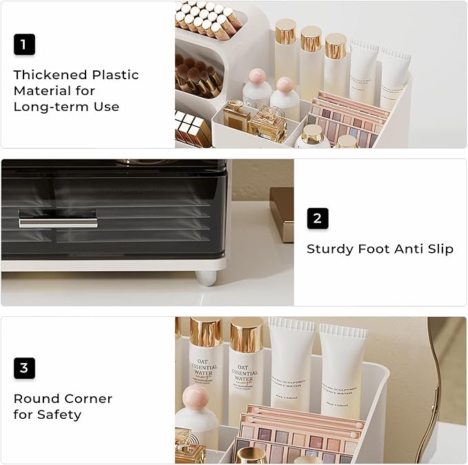 Makeup Organizer for Vanity with Brush Holder, Large Plastic Bathroom Countertop Skincare Organizer with 2 Drawers, Spacious Cosmetic Display Case for Perfumes, Eyeshadow Palettes, Nail Polishes