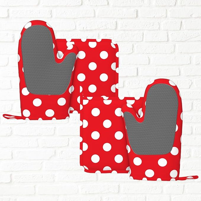 Red and White Polka Dot Oven Mitts and Pot Holders Sets of 4, Heat Resistant Silicone Oven Mittens and Potholders Gloves Hot Pads for Kitchen Cooking Baking Grilling BBQ Chef