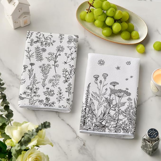 Artoid Mode Antique Herbs Wild Flowers Leaves Spring Kitchen Towels Dish Towels, 18x26 Inch Seasonal Decoration Hand Towels Set of 2