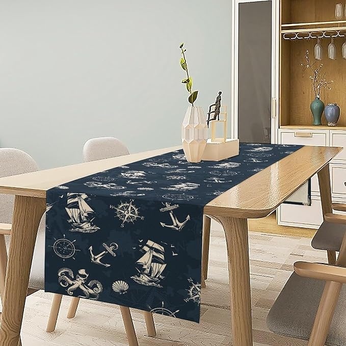 Nautical Coastal Table Runners Ocean Sailboat Table Runners for Dining Room Starfish Blue Teal Dinner Runner Kitchen Indoor Outdoor Patio Party Decor Fabric 1 Panel W13xL108in
