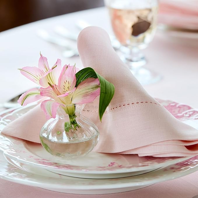 Solino Home Pink Linen Napkins Set of 4-100% Pure Linen Hemstitch Dinner Napkins 20 x 20 Inch for Mothers Day, Spring, Summer - Classic Hemstitch