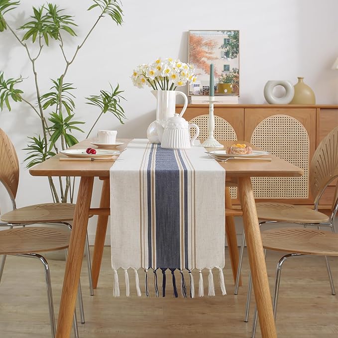 Niviy Blue Table Runner 108 Inches Long with Tassels, Seasonal Summer Washable Embroidered Striped Braided Blue and White Boho Table Runners for Holiday Party 12 x 108 Inches