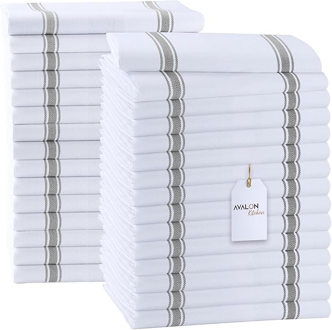 Avalon Kitchen Dish Towels Set (Value Pack of 30) Size 15x25 Inch, 100% Cotton Soft & Absorbent Kitchen Towels, Tea Towels, Reusable Cleaning Cloths for Household Cleaning (Grey)